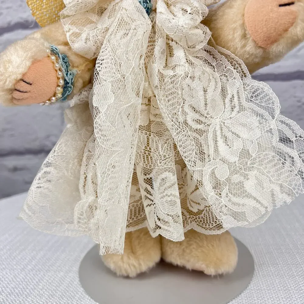 Country Cozy's Born to Shop Vintage 90s Jointed Bear Lace Dress Feather Hat 12